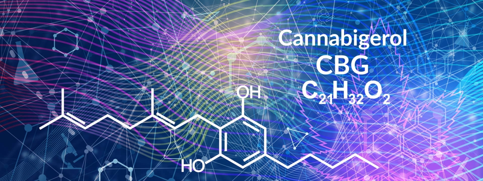 Cannabigerol or CBG molecular structural chemical formula against a futuristic colorful and scientific backdrop.