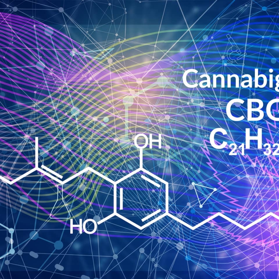Cannabigerol or CBG molecular structural chemical formula against a futuristic colorful and scientific backdrop.