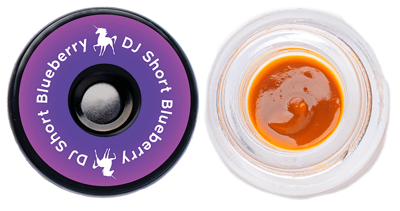 Unicorn Brand DJ Short Blueberry THCa badder in a puck with open lid