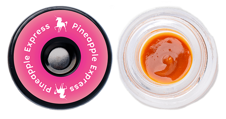 Unicorn Brand Pineapple Express THCa badder in a puck with open lid